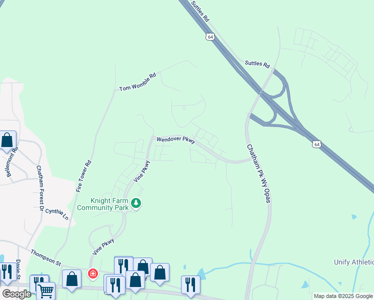 map of restaurants, bars, coffee shops, grocery stores, and more near Wendover Parkway in Pittsboro