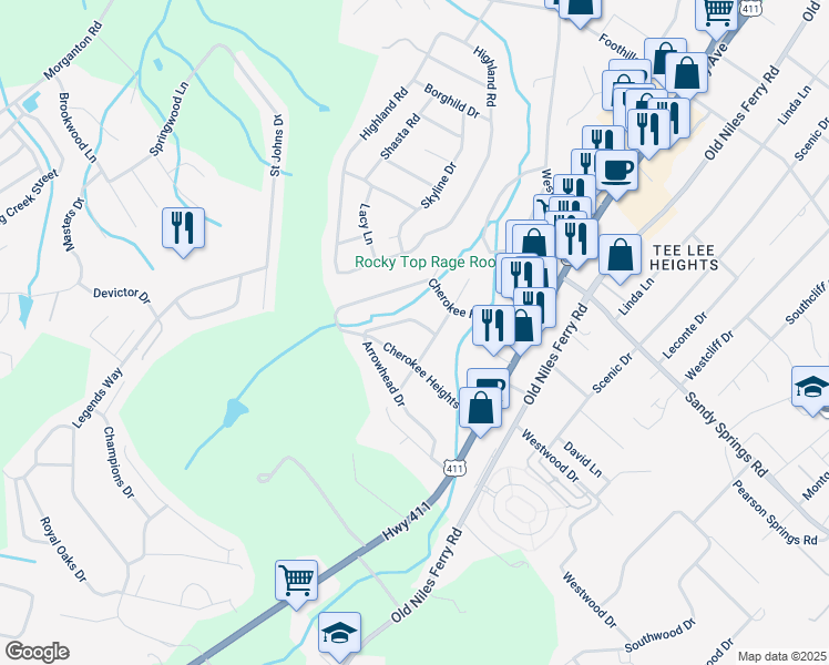 map of restaurants, bars, coffee shops, grocery stores, and more near 326 Arrowhead Drive in Maryville