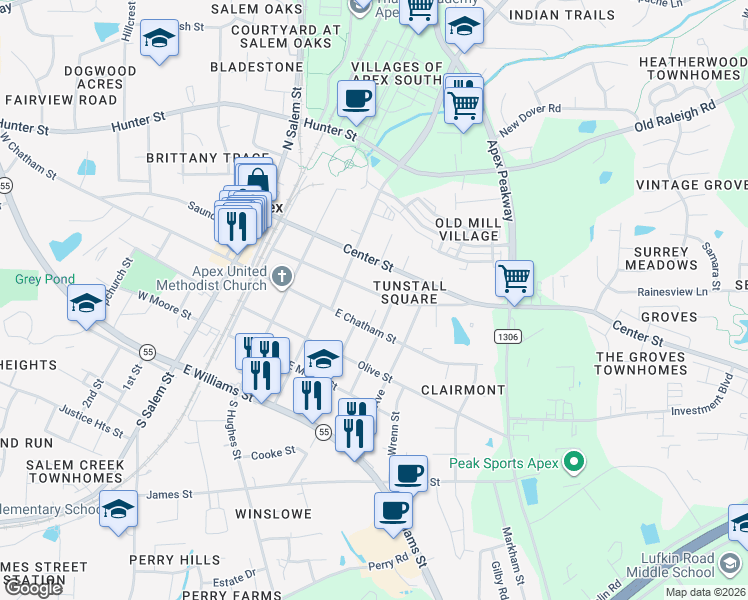 map of restaurants, bars, coffee shops, grocery stores, and more near 416 Culvert Street in Apex