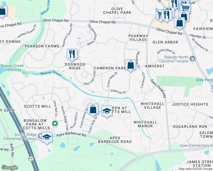 map of restaurants, bars, coffee shops, grocery stores, and more near 101 Kylesku Court in Apex
