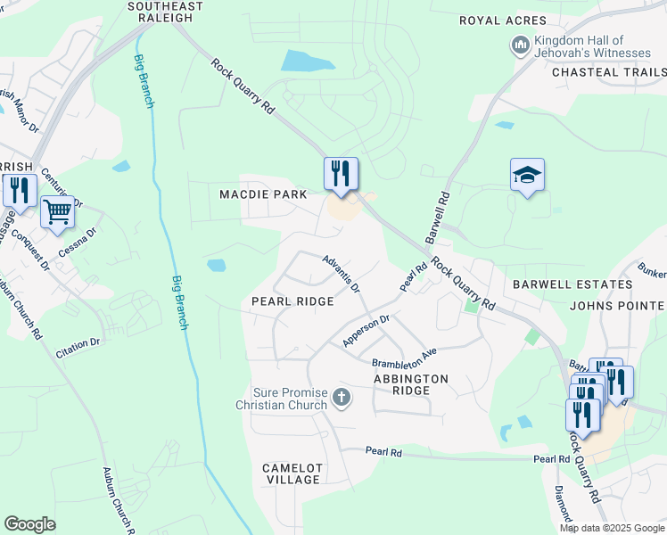 map of restaurants, bars, coffee shops, grocery stores, and more near 5421 Advantis Drive in Raleigh