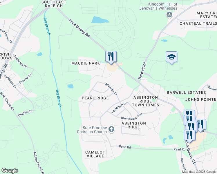 map of restaurants, bars, coffee shops, grocery stores, and more near 5436 Advantis Drive in Raleigh