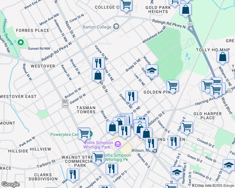 map of restaurants, bars, coffee shops, grocery stores, and more near 305 Green Street Northeast in Wilson