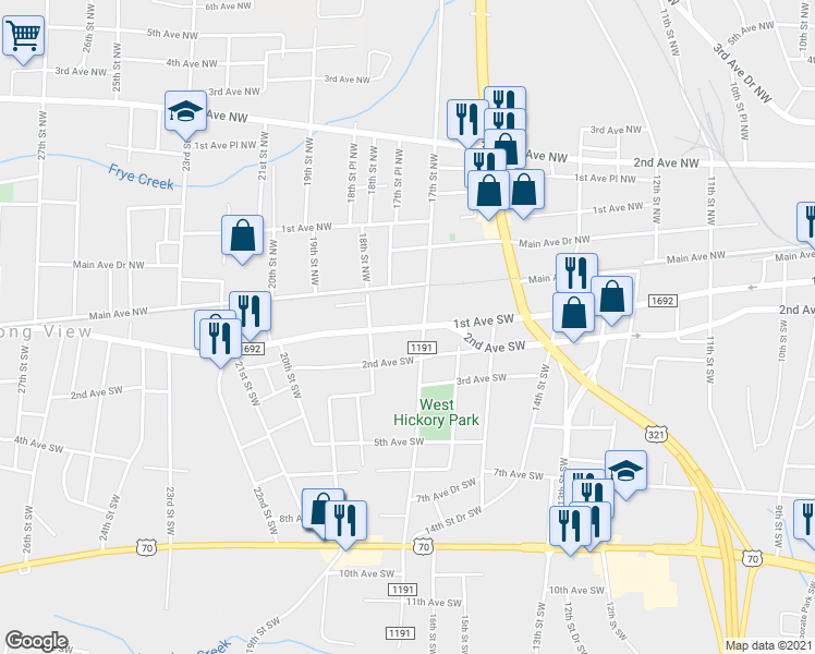 map of restaurants, bars, coffee shops, grocery stores, and more near 1700 State Road 1692 in Hickory