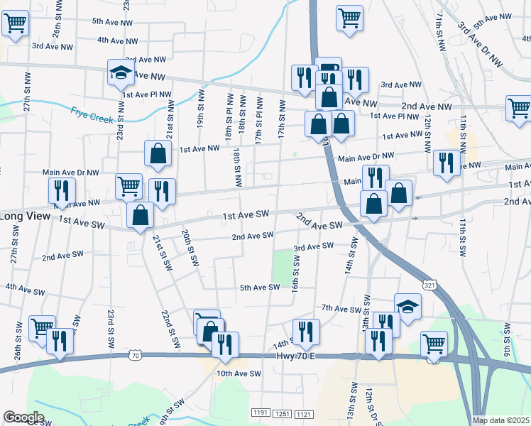 map of restaurants, bars, coffee shops, grocery stores, and more near 1st Avenue Southwest in Hickory