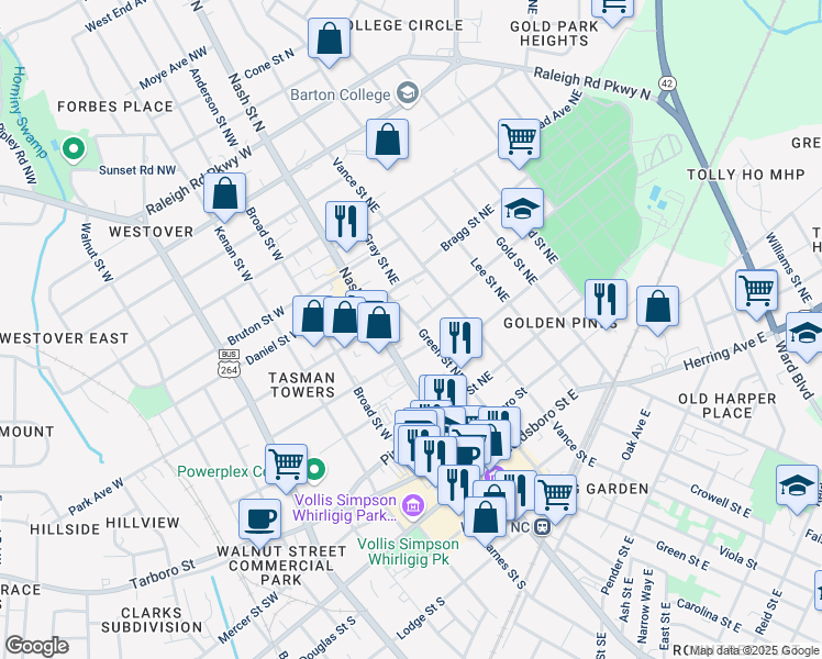 map of restaurants, bars, coffee shops, grocery stores, and more near 305 Green Street Northeast in Wilson