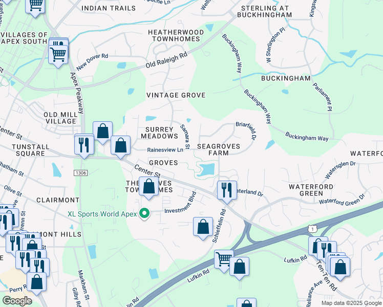 map of restaurants, bars, coffee shops, grocery stores, and more near 1508 Rainesview Lane in Apex