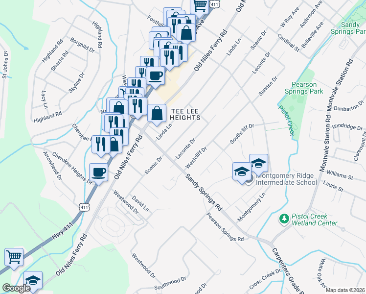 map of restaurants, bars, coffee shops, grocery stores, and more near 1759 Leconte Drive in Maryville