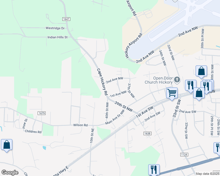 map of restaurants, bars, coffee shops, grocery stores, and more near 118 Cape Hickory Road in Hickory