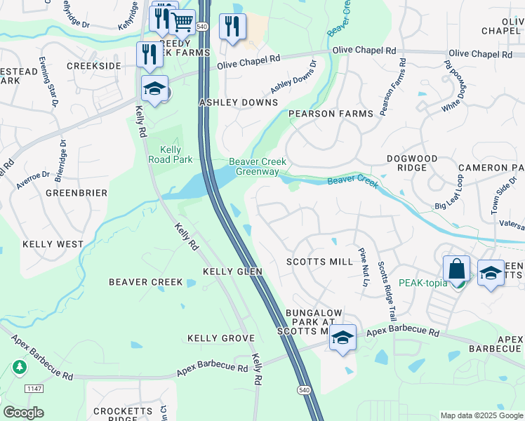 map of restaurants, bars, coffee shops, grocery stores, and more near 129 Cypress View Way in Apex