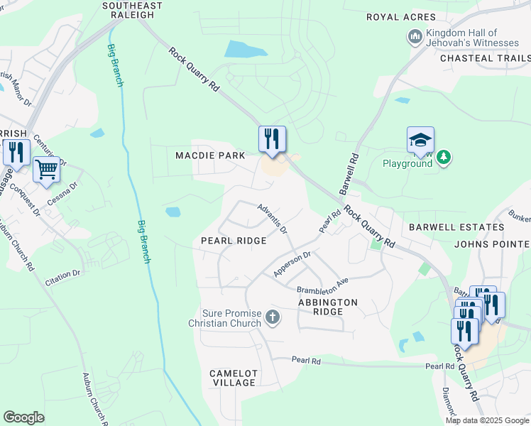 map of restaurants, bars, coffee shops, grocery stores, and more near 5421 Advantis Drive in Raleigh