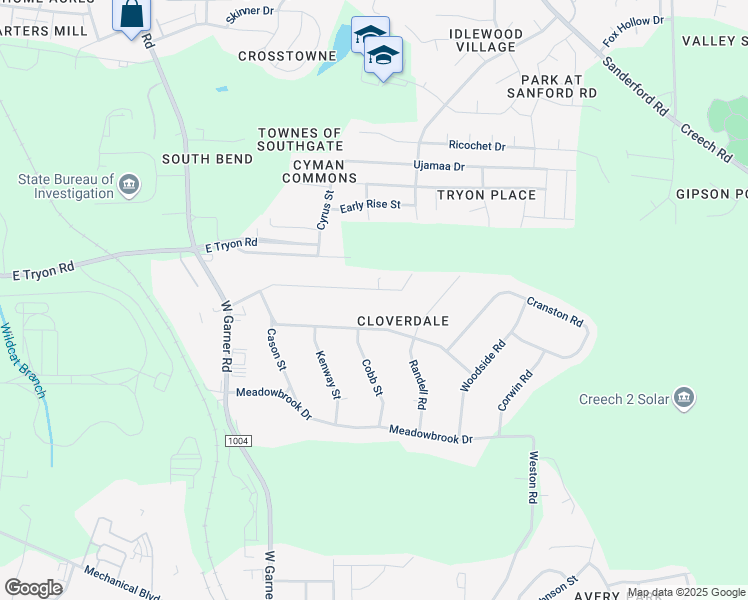 map of restaurants, bars, coffee shops, grocery stores, and more near 1209 Northview Street in Garner