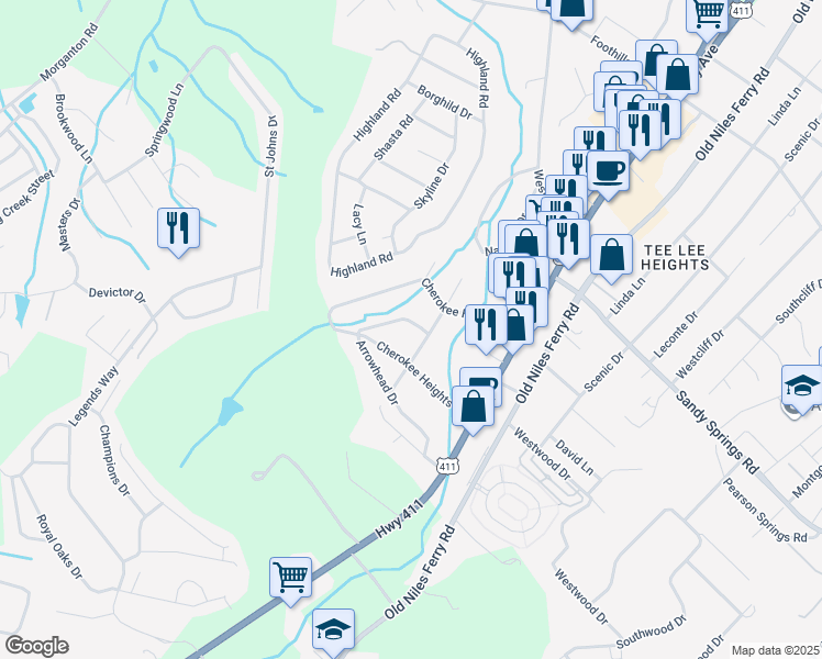 map of restaurants, bars, coffee shops, grocery stores, and more near 325 Arrowhead Drive in Maryville