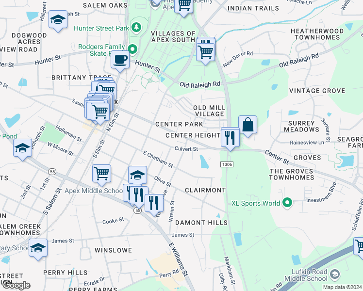 map of restaurants, bars, coffee shops, grocery stores, and more near 607 Culvert Street in Apex