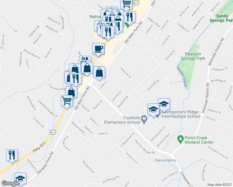 map of restaurants, bars, coffee shops, grocery stores, and more near 1759 Leconte Drive in Maryville