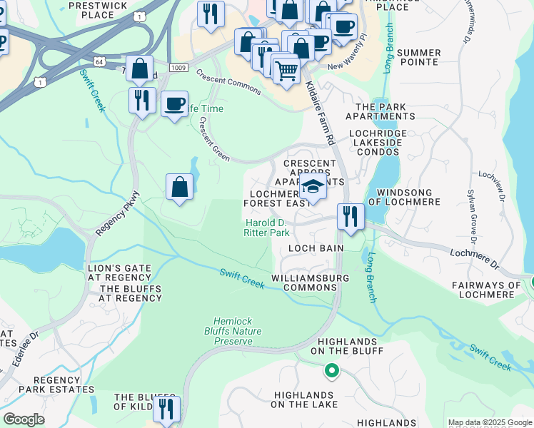 map of restaurants, bars, coffee shops, grocery stores, and more near 305 Windance Court in Cary