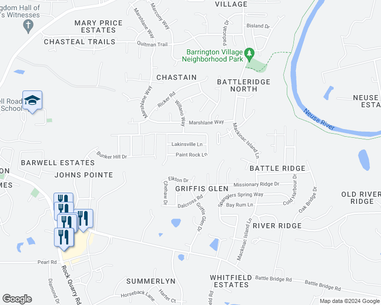 map of restaurants, bars, coffee shops, grocery stores, and more near 7028 Paint Rock Lane in Raleigh