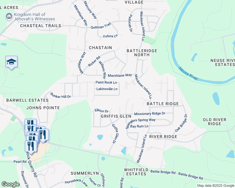 map of restaurants, bars, coffee shops, grocery stores, and more near 7004 Paint Rock Lane in Raleigh