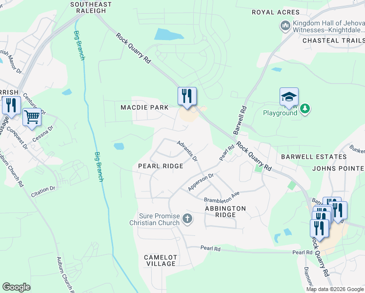 map of restaurants, bars, coffee shops, grocery stores, and more near 5421 Advantis Drive in Raleigh