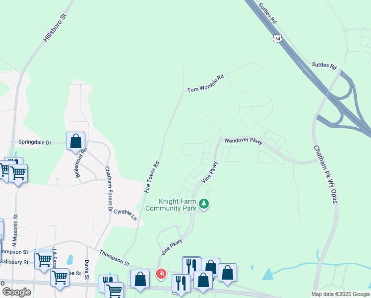 map of restaurants, bars, coffee shops, grocery stores, and more near 710 Fire Tower Road in Pittsboro