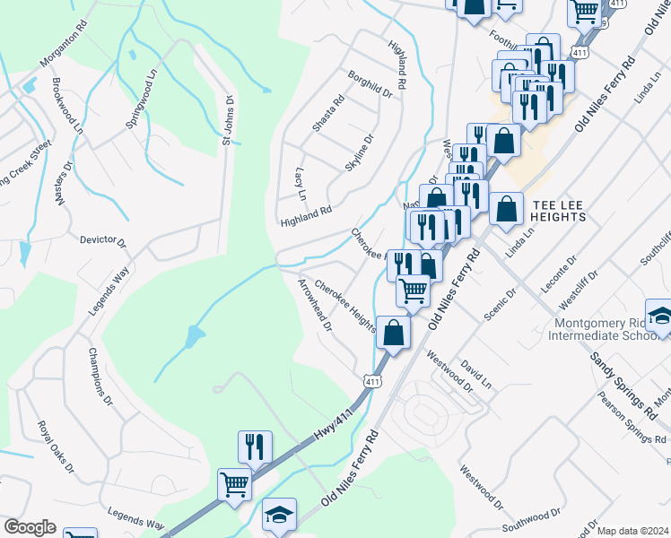 map of restaurants, bars, coffee shops, grocery stores, and more near 326 Arrowhead Drive in Maryville