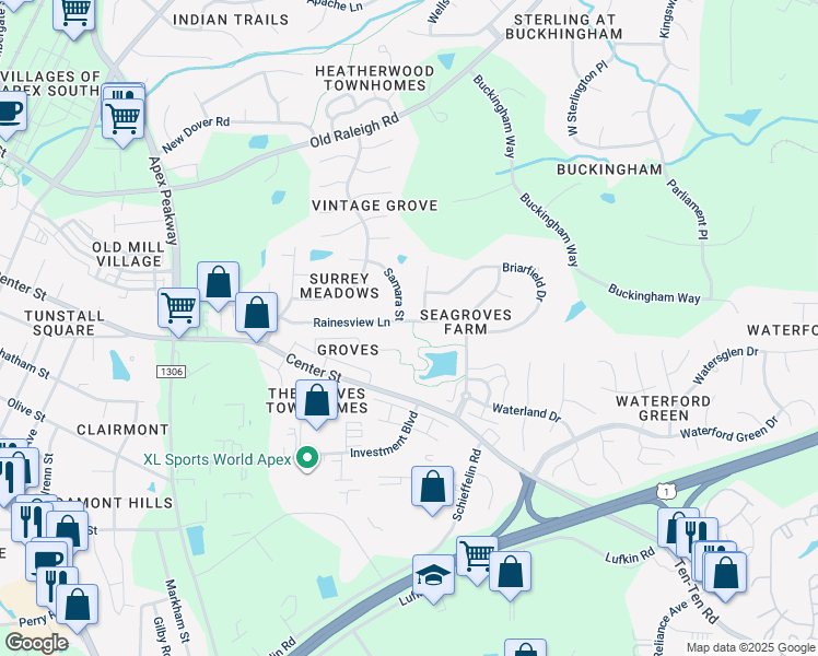 map of restaurants, bars, coffee shops, grocery stores, and more near 1508 Rainesview Lane in Apex