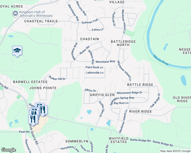 map of restaurants, bars, coffee shops, grocery stores, and more near 7032 Paint Rock Lane in Raleigh