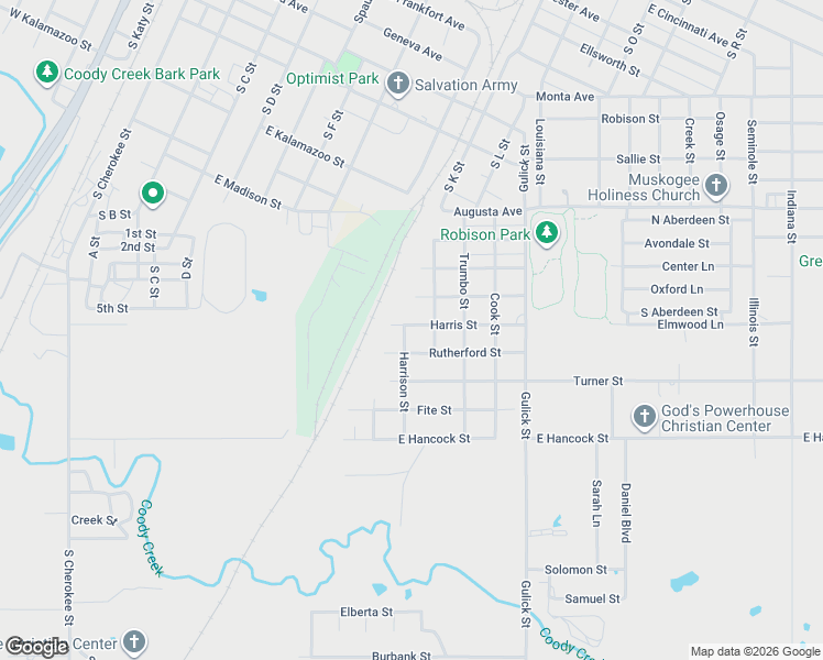 map of restaurants, bars, coffee shops, grocery stores, and more near 1510 Harrison Street in Muskogee