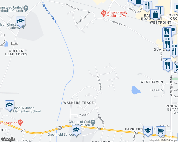 map of restaurants, bars, coffee shops, grocery stores, and more near 3812 Ramblewood Hill Drive West in Wilson