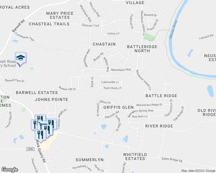 map of restaurants, bars, coffee shops, grocery stores, and more near 7040 Paint Rock Lane in Raleigh