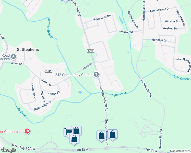map of restaurants, bars, coffee shops, grocery stores, and more near 3513 Section House Road in Hickory