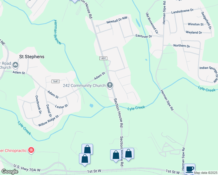 map of restaurants, bars, coffee shops, grocery stores, and more near 3513 Section House Road in Hickory