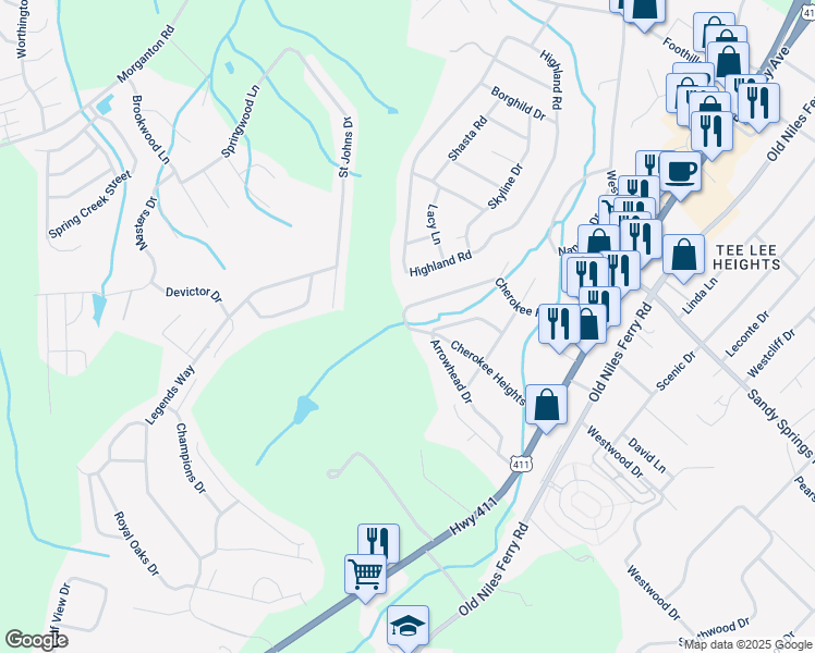 map of restaurants, bars, coffee shops, grocery stores, and more near 446 Cherokee Heights Drive in Maryville