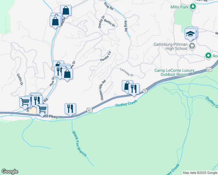 map of restaurants, bars, coffee shops, grocery stores, and more near Montview Way in Gatlinburg
