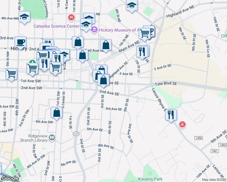 map of restaurants, bars, coffee shops, grocery stores, and more near 403 2nd Avenue Southeast in Hickory