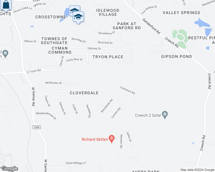 map of restaurants, bars, coffee shops, grocery stores, and more near 3605 Cranston Road in Garner