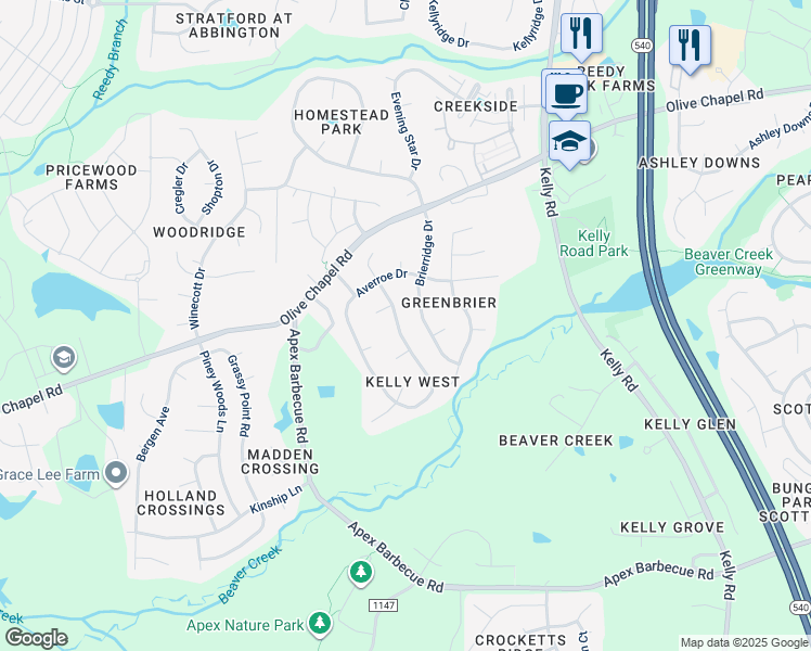 map of restaurants, bars, coffee shops, grocery stores, and more near 207 Chapel Valley Lane in Apex