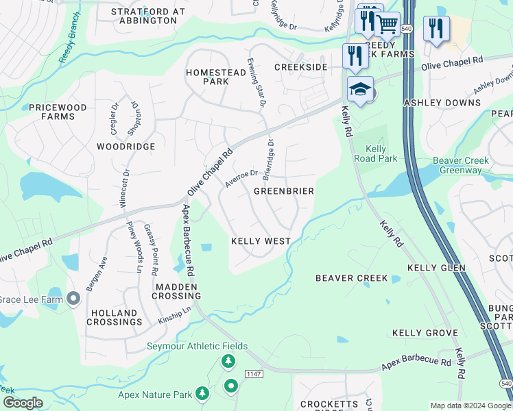 map of restaurants, bars, coffee shops, grocery stores, and more near 207 Chapel Valley Lane in Apex