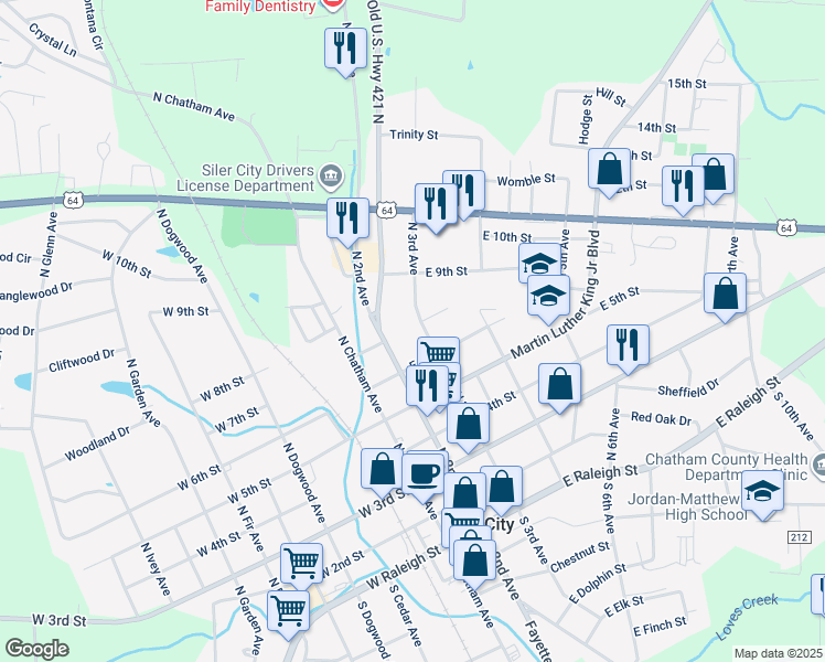 map of restaurants, bars, coffee shops, grocery stores, and more near 619 North 3rd Avenue in Siler City