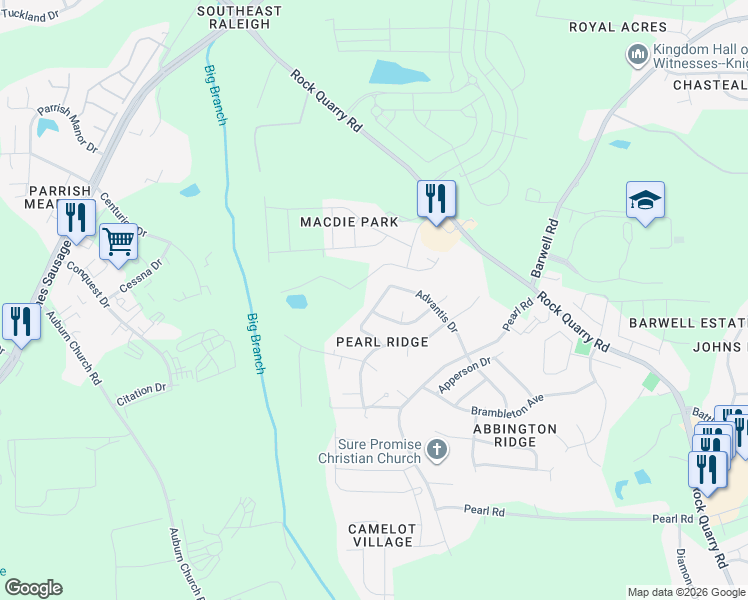 map of restaurants, bars, coffee shops, grocery stores, and more near 4004 Mindspring Drive in Raleigh