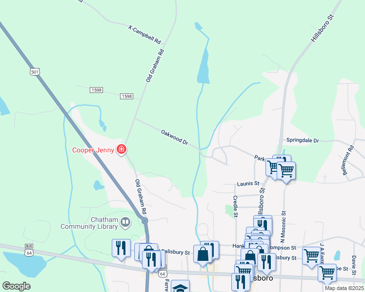 map of restaurants, bars, coffee shops, grocery stores, and more near 265 Oakwood Drive in Pittsboro