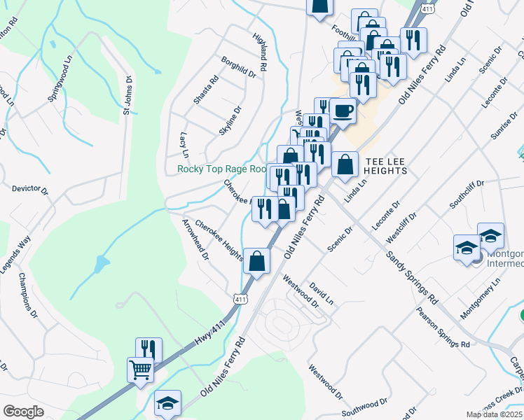 map of restaurants, bars, coffee shops, grocery stores, and more near 110 Cherokee Heights Drive in Maryville