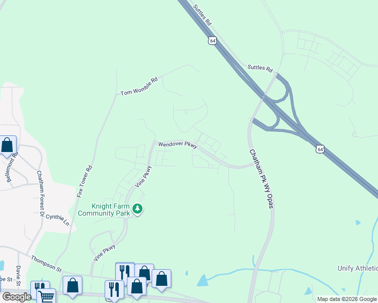 map of restaurants, bars, coffee shops, grocery stores, and more near Wendover Parkway in Pittsboro
