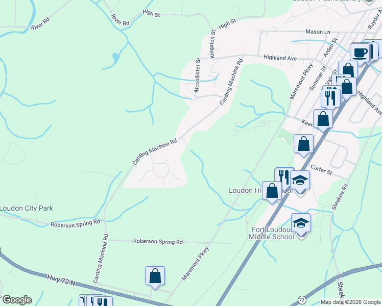 map of restaurants, bars, coffee shops, grocery stores, and more near 1081 Carding Machine Road in Loudon
