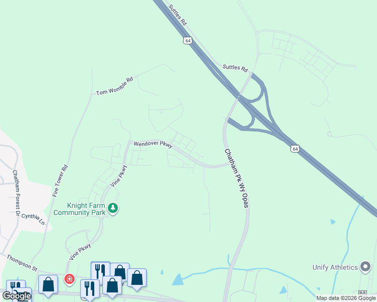 map of restaurants, bars, coffee shops, grocery stores, and more near 21 Banning Drive in Pittsboro