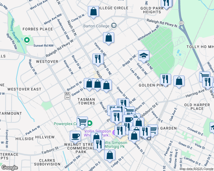 map of restaurants, bars, coffee shops, grocery stores, and more near 314 Nash Street in Wilson