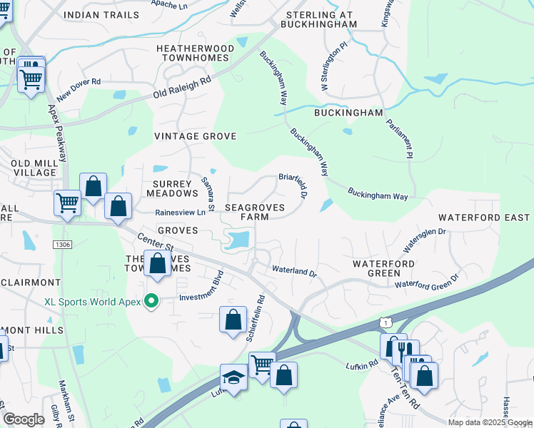 map of restaurants, bars, coffee shops, grocery stores, and more near 109 Briarfield Drive in Apex