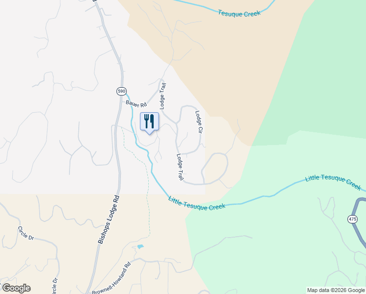 map of restaurants, bars, coffee shops, grocery stores, and more near 44 Lodge Circle in Santa Fe