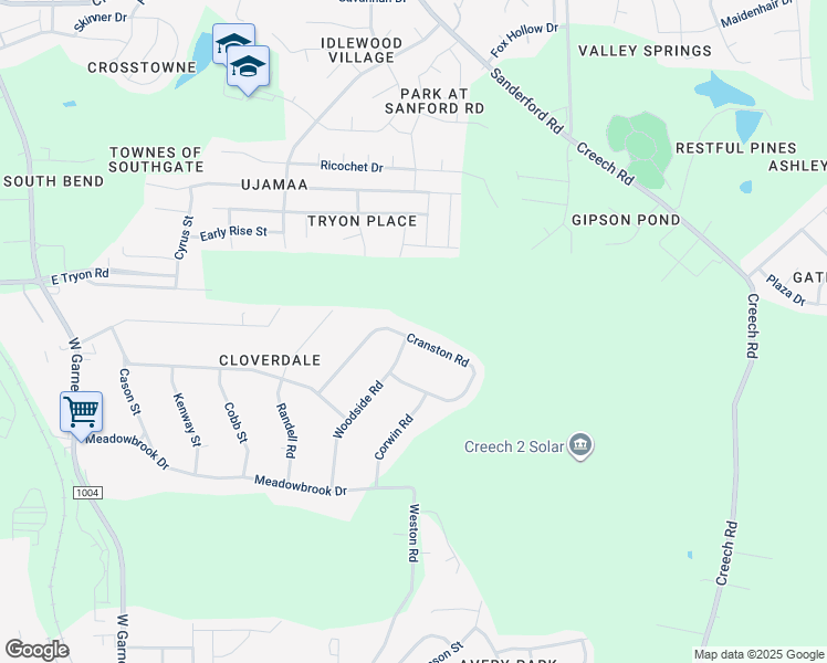 map of restaurants, bars, coffee shops, grocery stores, and more near 3501 Cranston Road in Garner