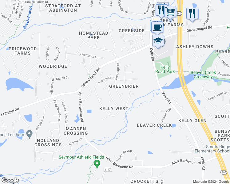 map of restaurants, bars, coffee shops, grocery stores, and more near 302 Brierridge Drive in Apex